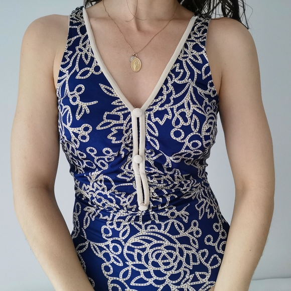 Medium vintage Navy floral one piece bathing suit - Picture 3 of 9